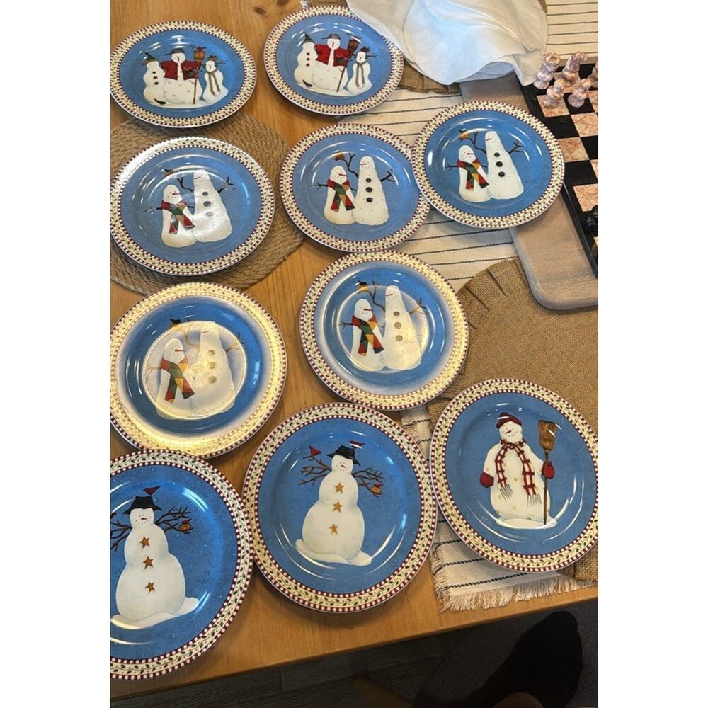 Sakura Snowman SNOWMAN 8-1/8" Salad Plates by Debbie Mumm Designs Set of 10‎ vtg